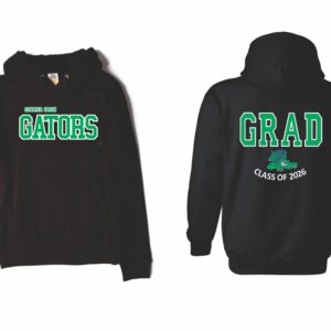 Black hoodie with green and white 'GATORS' and 'GRAD' text design.