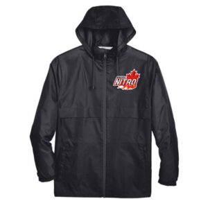 Front view of black hooded jacket