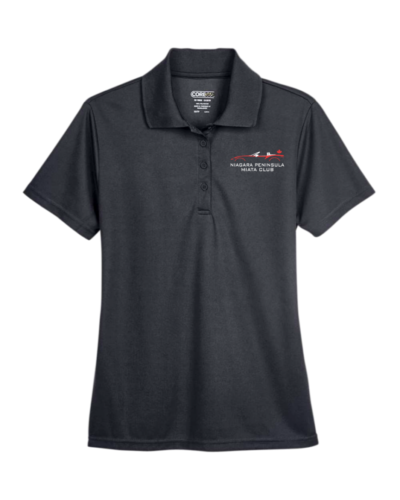 Ladies black polo featuring Miata club emblem