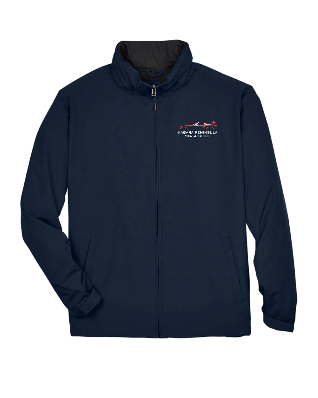 Navy zip-up jacket with Miata club logo